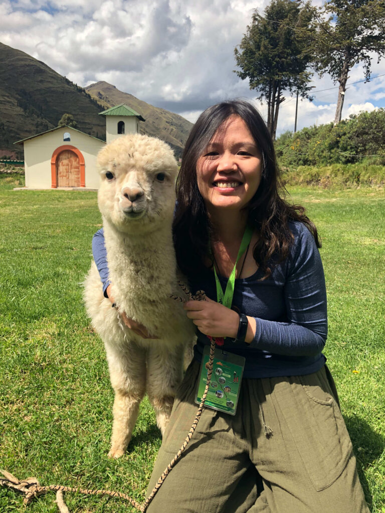 Erica在秘魯進行薩滿修習之旅，與駱馬合影